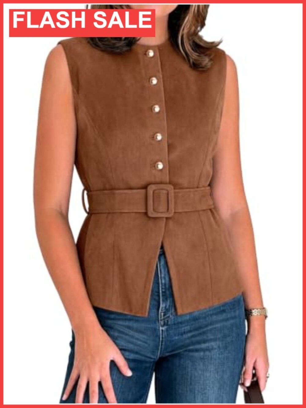 Faux Suede Button Down Vest with Belt Sleeveless Business Casual